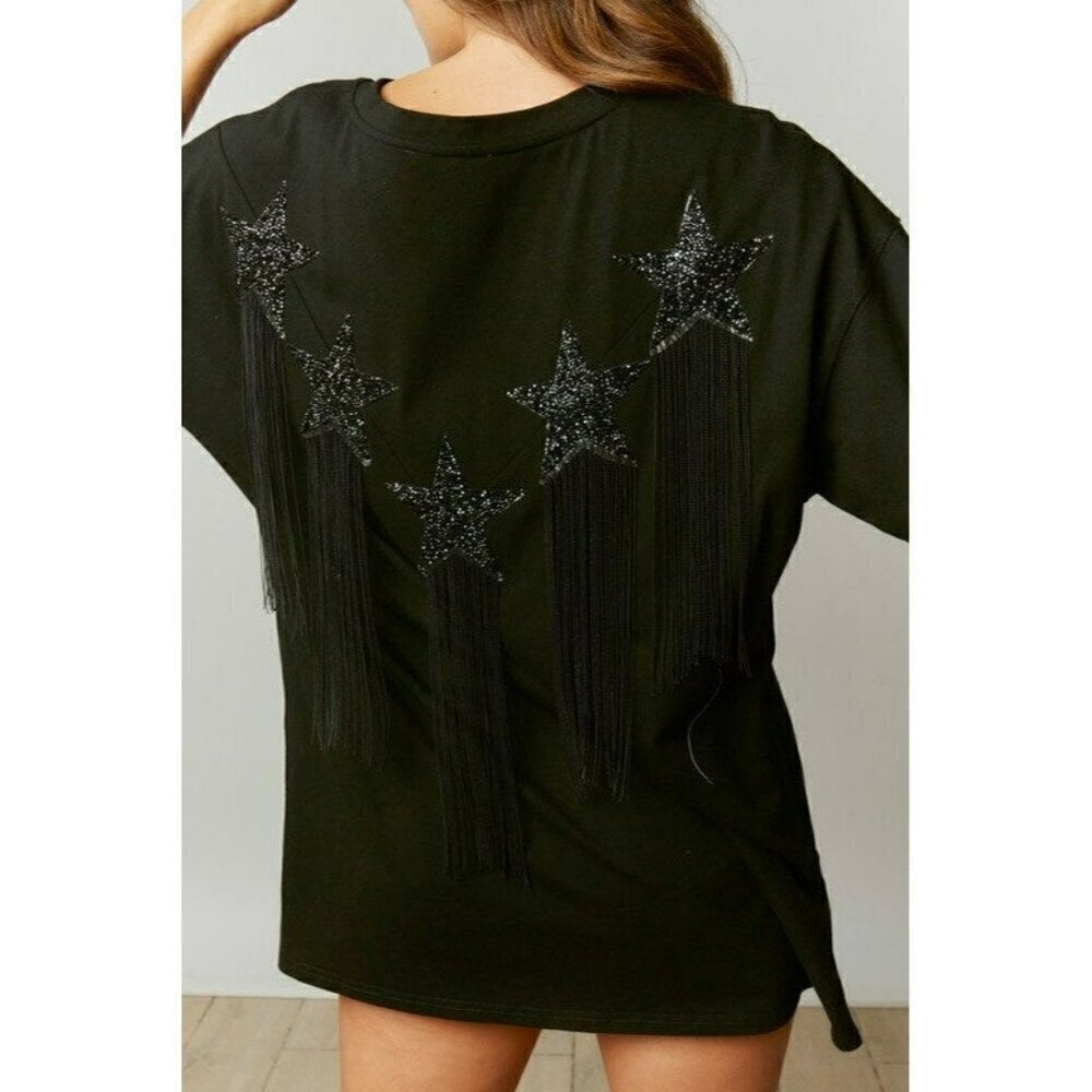 This Ain't Texas Fringed Star Sequin Patch Tee in Black - Picture 2 of 7